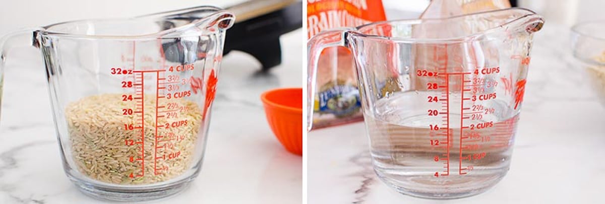 Two cups of brown rice in measuring cup and 2 cups of water in measuring cup.