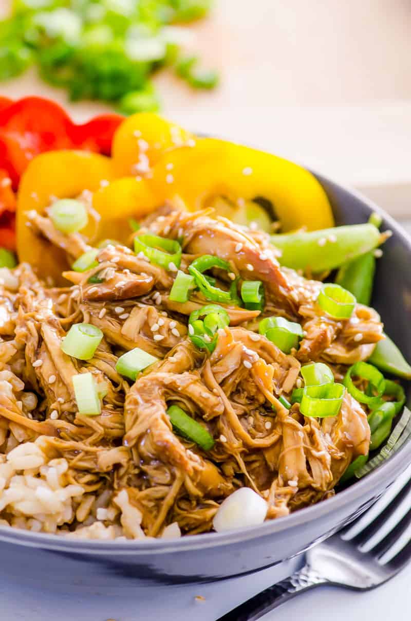 pressure cooker teriyaki chicken served in a bowl with vegetables