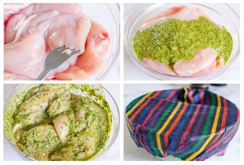 Step by step process how to marinate chicken breasts in cilantro lime chicken marinade in a bowl.