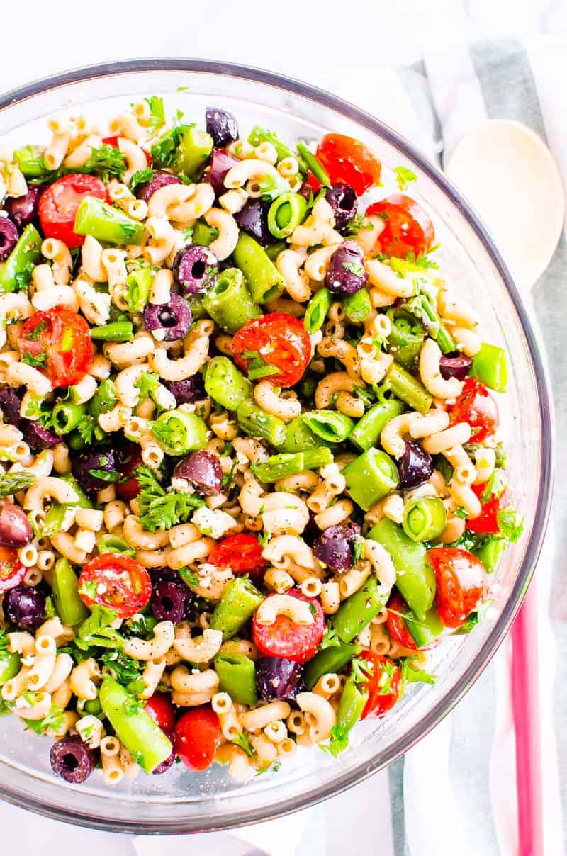 Easy healthy pasta salad with veggies in a bowl. 