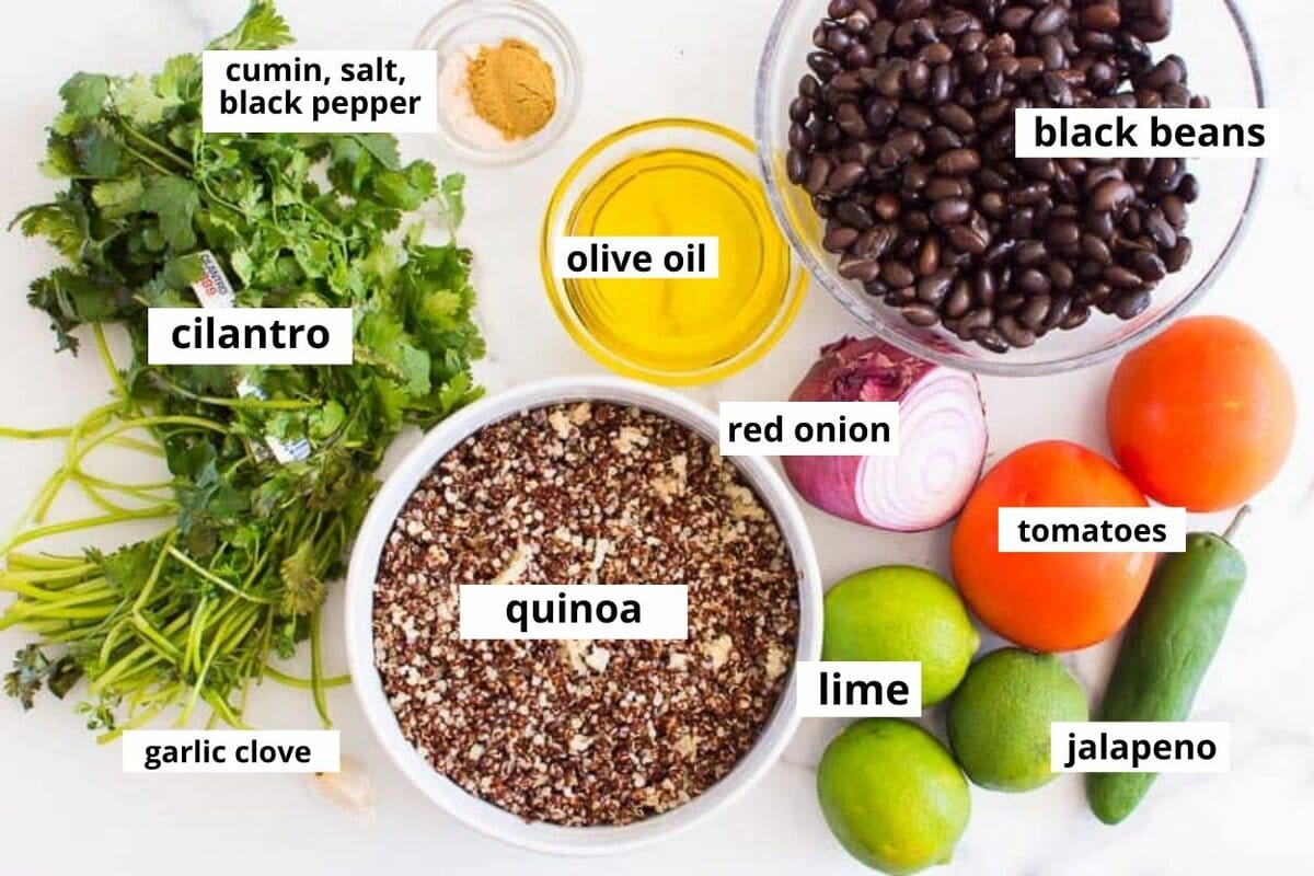 Quinoa, black beans, cilantro, lime, tomatoes, red onion, olive oil, garlic, spices, jalapeno.