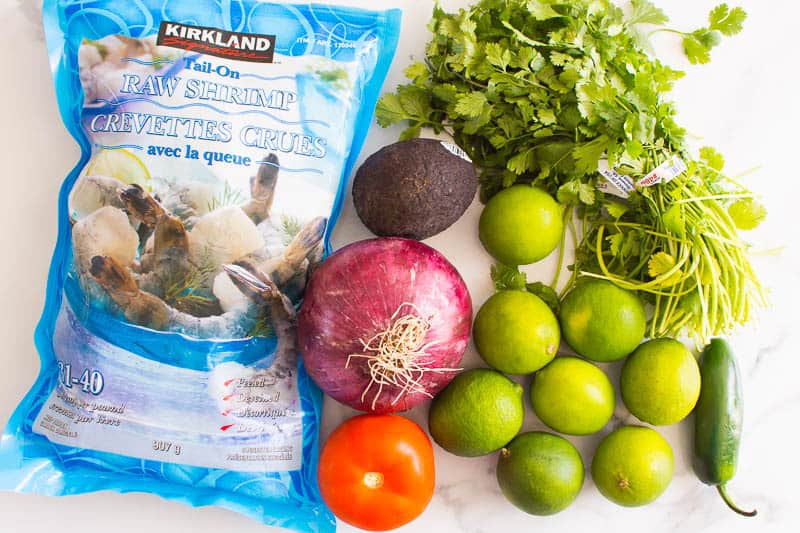 Shrimp, cilantro, limes, tomato, avocado, red onion, jalapeno.