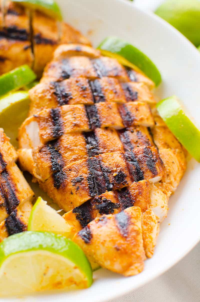 Sliced grilled chili lime chicken breasts on a plate.