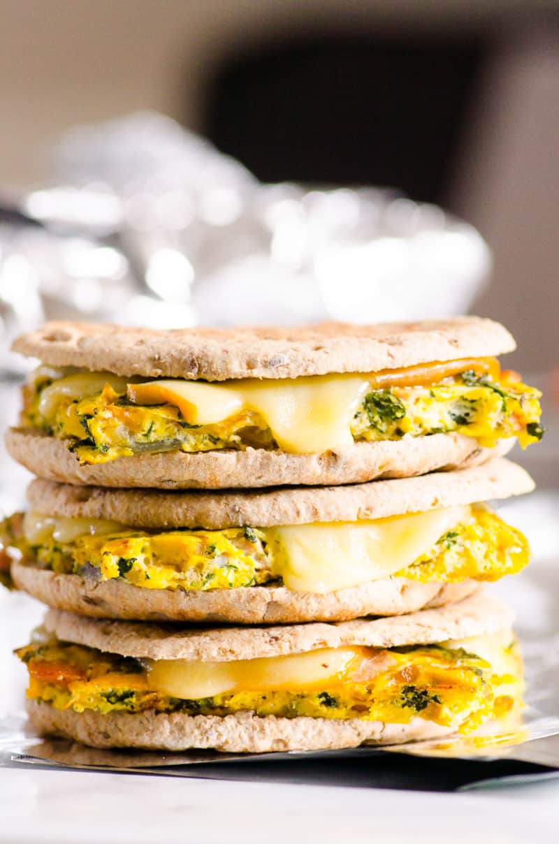 Healthy breakfast sandwich with cheese in a stack.