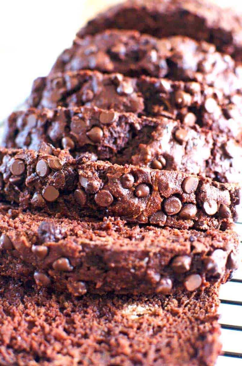 Sliced Healthy Chocolate Zucchini Bread with chocolate chips