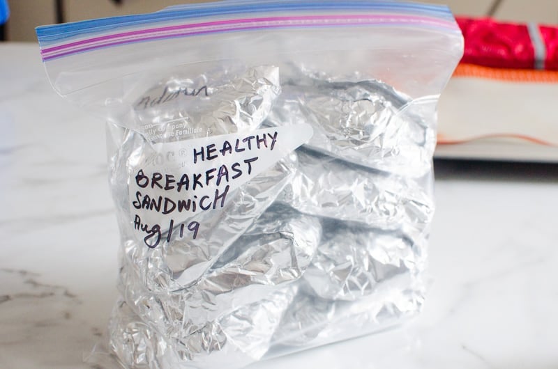 Breakfast sandwiches in bag labeled for freezer.