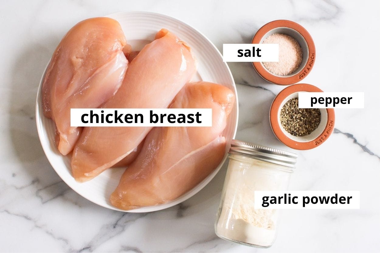 Chicken breasts, salt, pepper, garlic powder on countertop. 