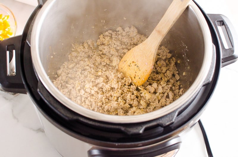 cooked ground turkey in instant pot with spatula