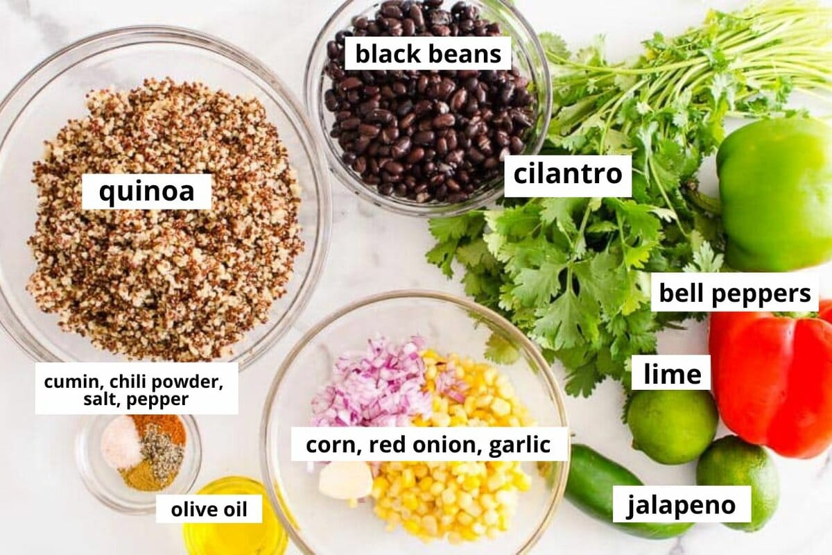 Quinoa, cilantro, black beans, bell peppers, jalapeno, lime, corn, red onion, garlic, spices, olive oil.