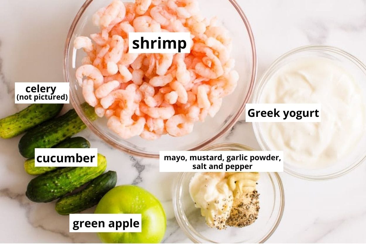 Shrimp, Greek yogurt, apple, cucumber, mayo, mustard, garlic powder, salt and pepper.