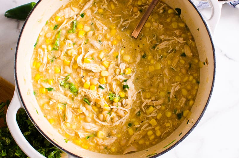 Healthy white chicken chili in a pot with a ladle.