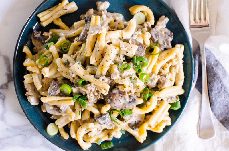 instant pot stroganoff on plate with fork