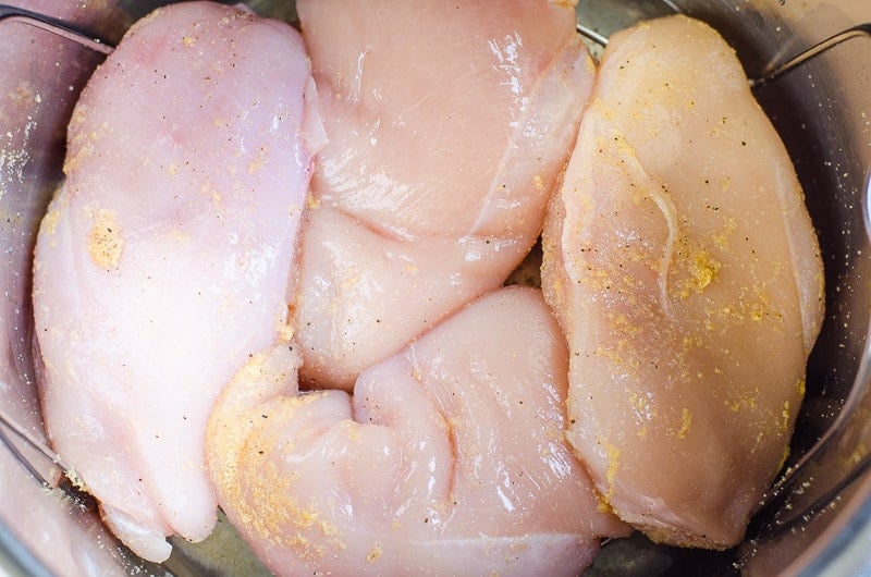 Chicken breast sprinkled with salt, pepper, garlic powder in pressure cooker pot.