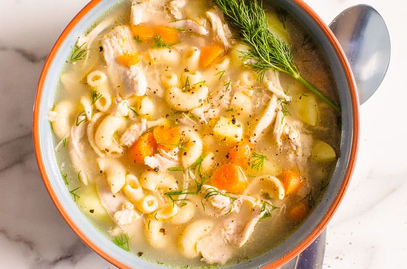 quick chicken noodle soup in a bowl
