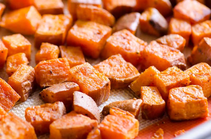Roasted sweet potatoes on silpat baking mat.