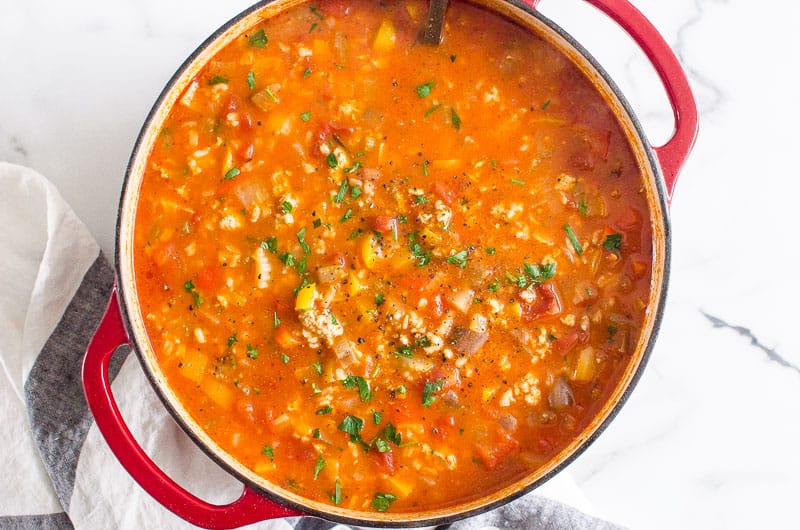 Stuffed pepper soup in a large pot.