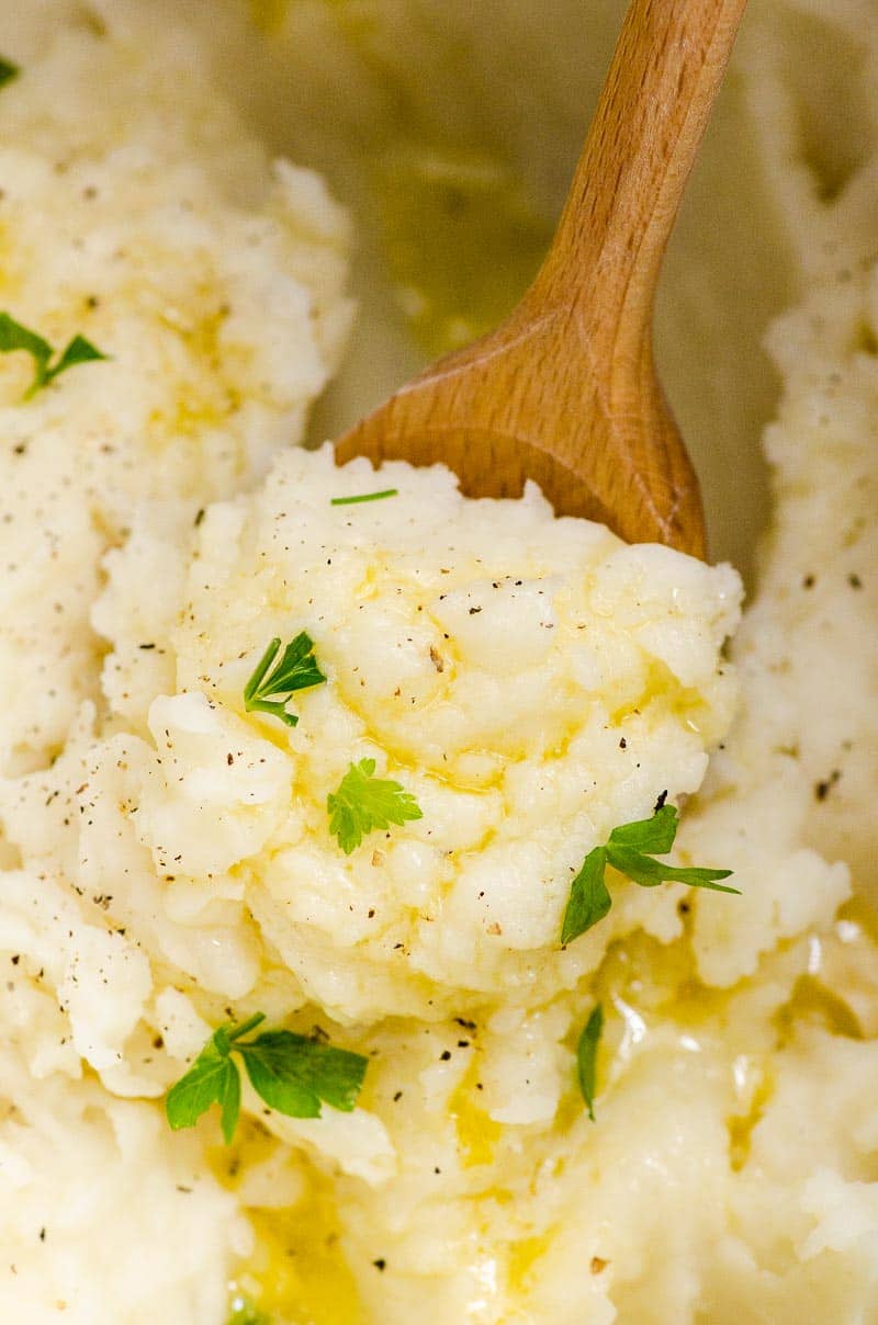 instant pot mashed potatoes with a spoon closeup