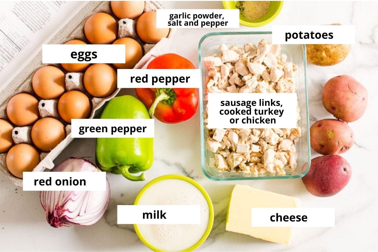 Eggs, potatoes, red pepper, green pepper, cooked turkey meat, cheese, milk, red onion, garlic powder, salt and pepper.