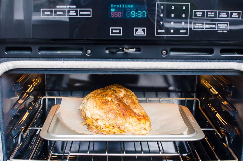 Turkey on pan in oven.