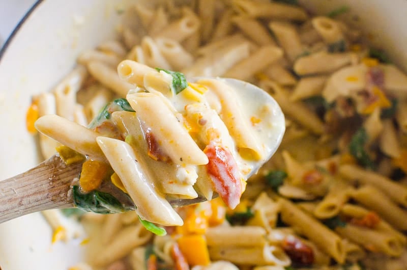Tuscan Chicken Pasta on a spoon