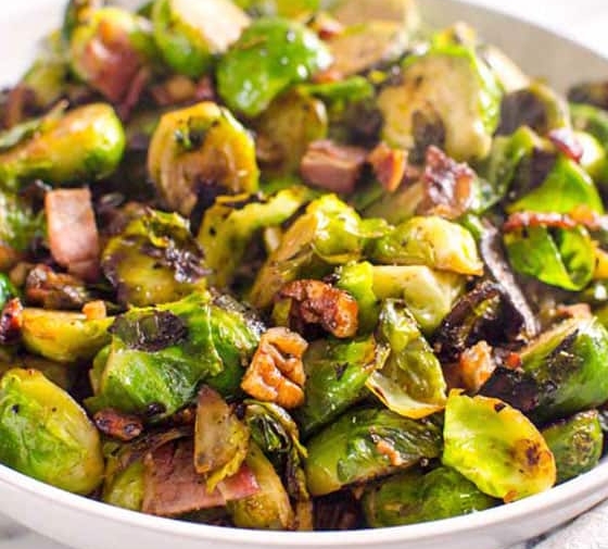 Sauteed Brussels Sprouts with Bacon and Pecans