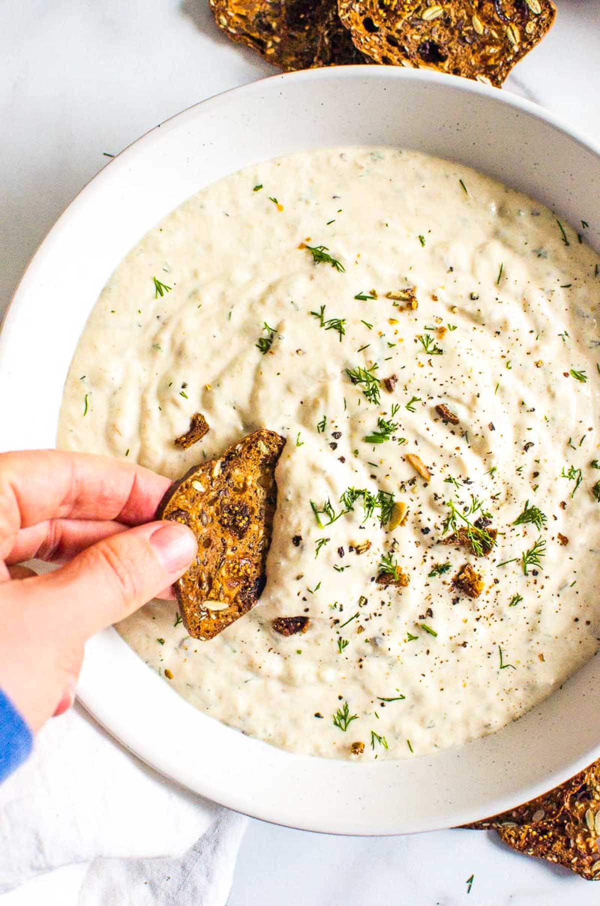 Healthy french onion dip  in a bowl with a cracker being dipped into it.