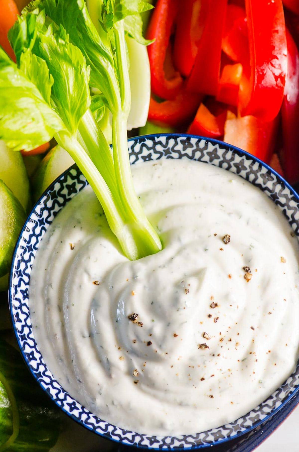Healthy vegetable dip with a stick of celery and sliced veggies around.