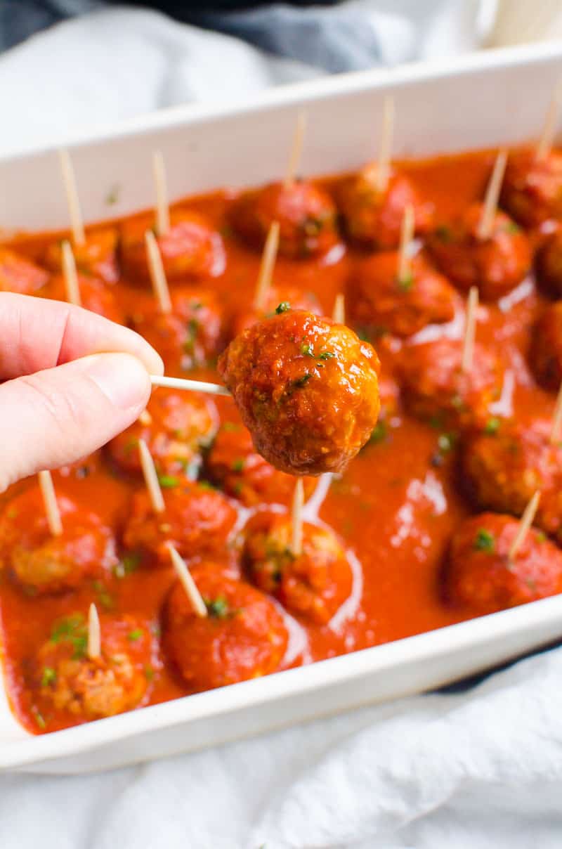 Instant Pot Meatballs with a toothpick served as appetizer in a baking dish
