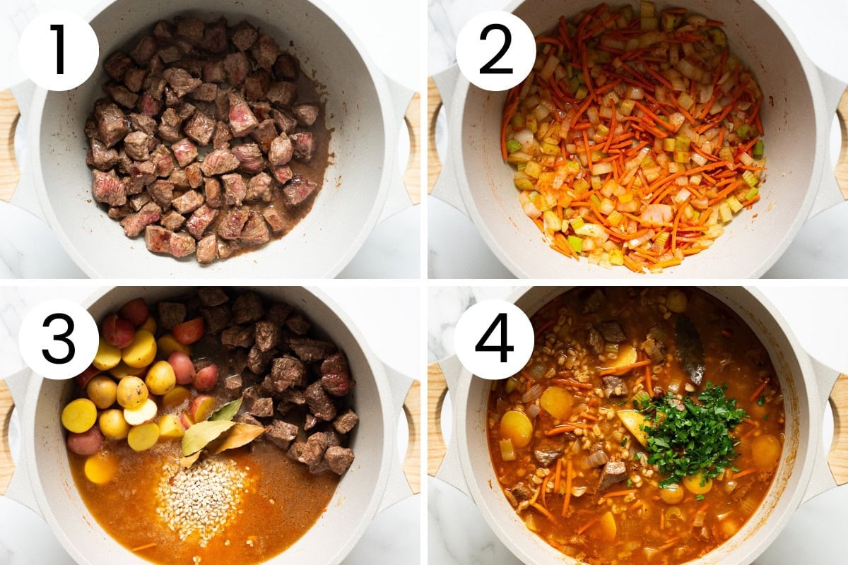 Step by step process how to make beef barley soup.