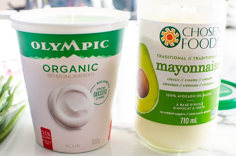 container of greek yogurt and jar of avocado mayonnaise