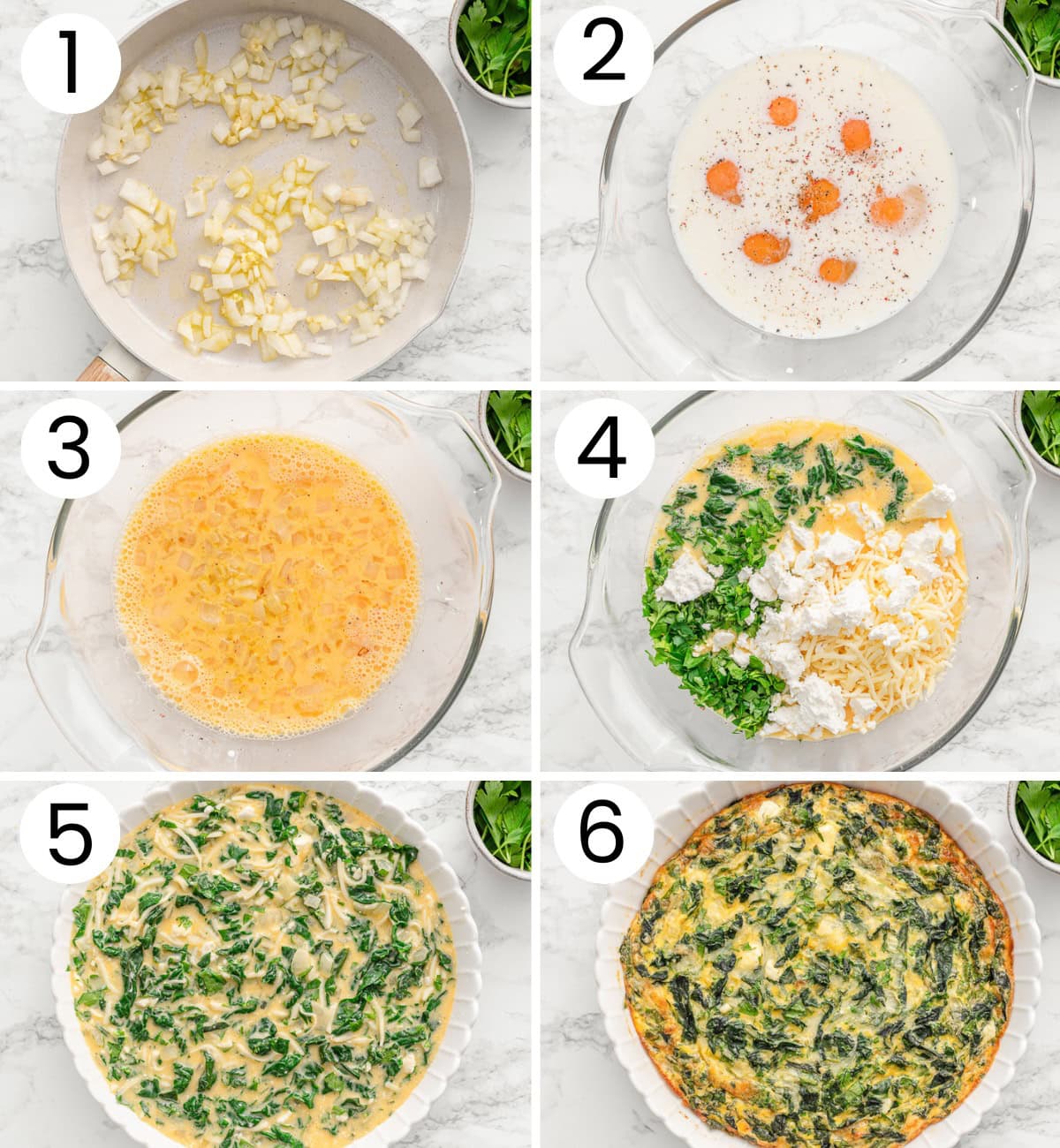 Step by step process how to make crustless spinach quiche.
