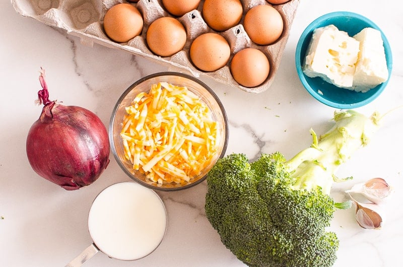 eggs, feta, cheddar, milk, red onion, broccoli and garlic