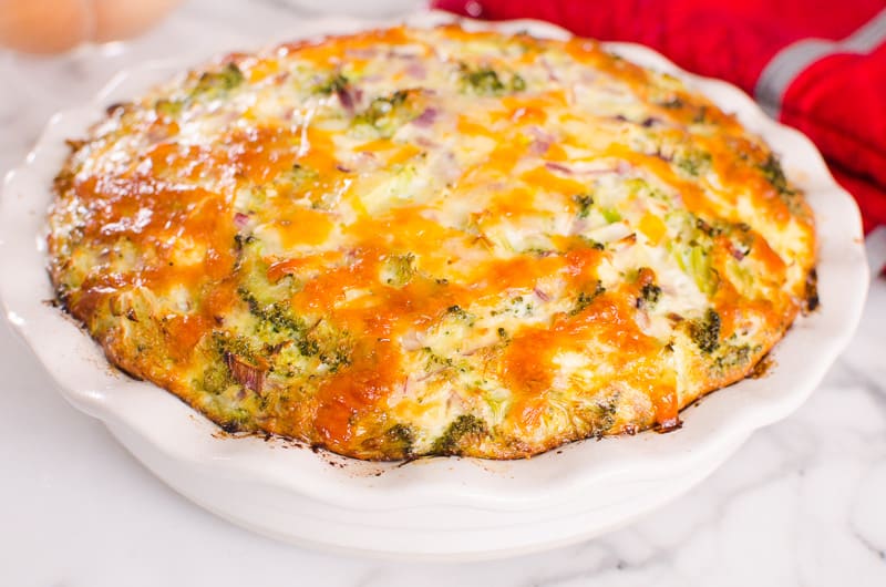 baked Crustless Broccoli Quiche and red oven mitts