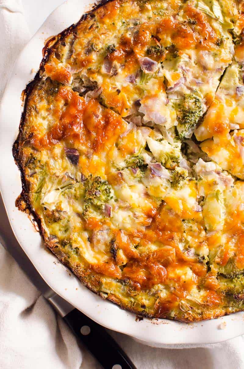 Crustless broccoli quiche in baking dish.