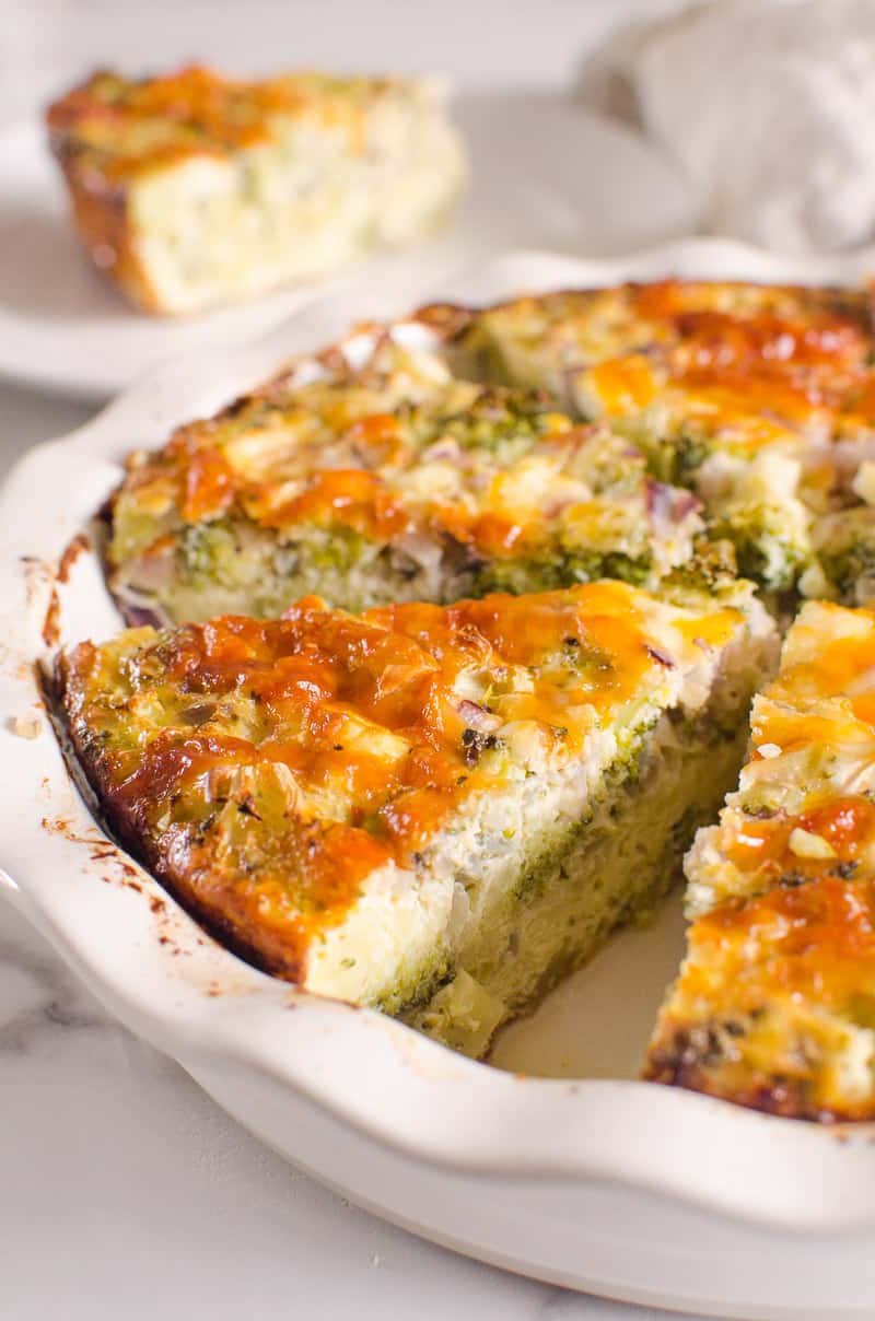 Crustless Broccoli Quiche sliced in a baking dish