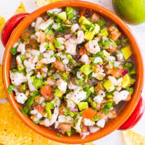 Shrimp ceviche in a ceramic bowl. Tortilla chips next to it.