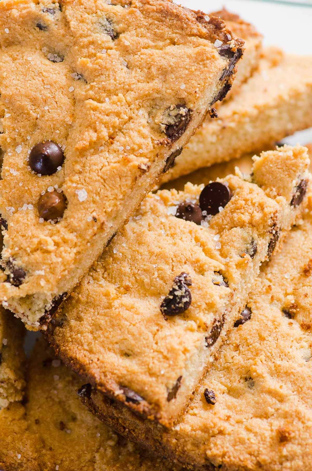 Sliced healthy skillet cookie with chocolate chips and sea salt.