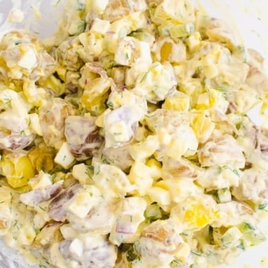 Healthy potato salad recipe in a bowl.