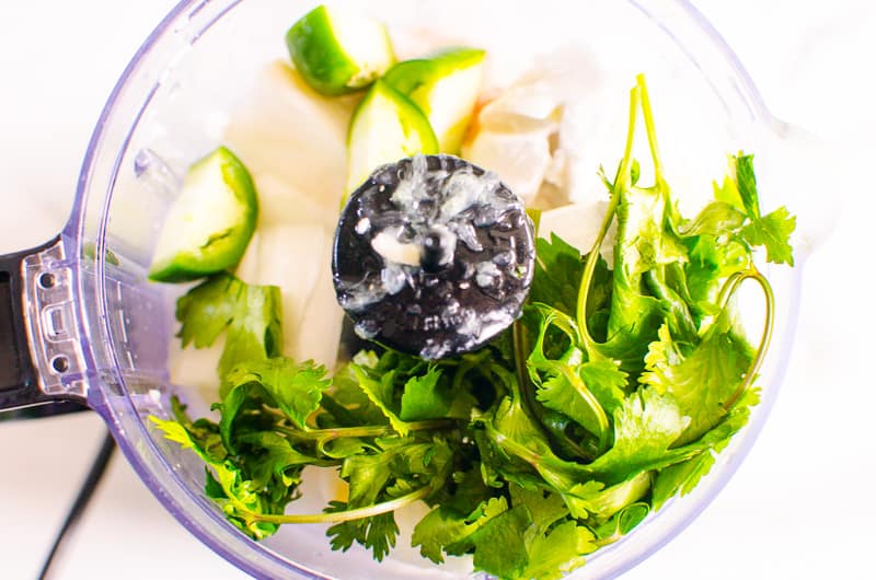 Cilantro, jalapeno, onion, lime juice and coconut milk in a food processor.