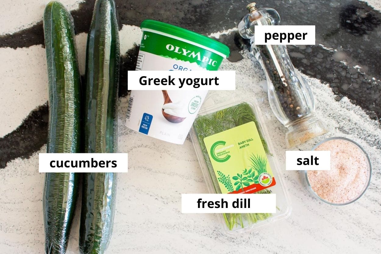 Cucumbers, greek yogurt, dill, salt and pepper.