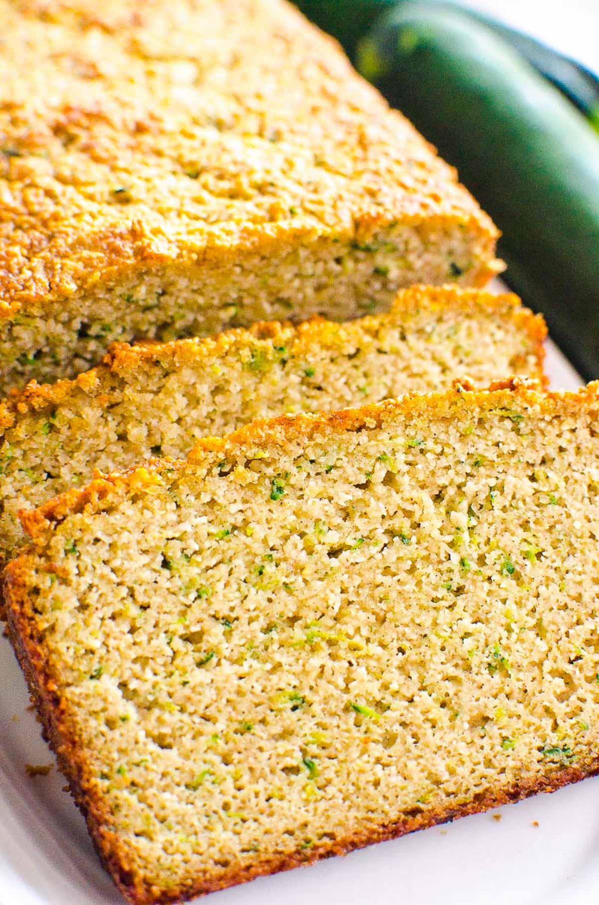 Closeup of a slice of zucchini bread.