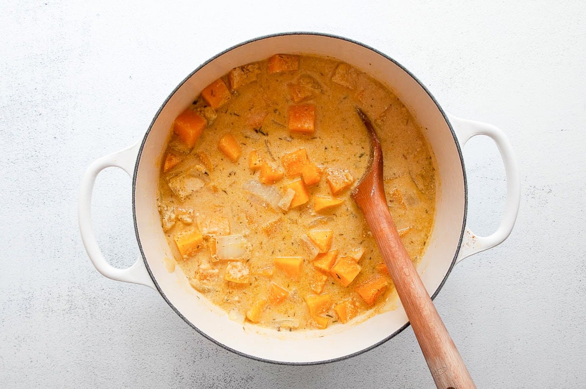 Coconut milk, broth, butternut squash and onion in large white pot.