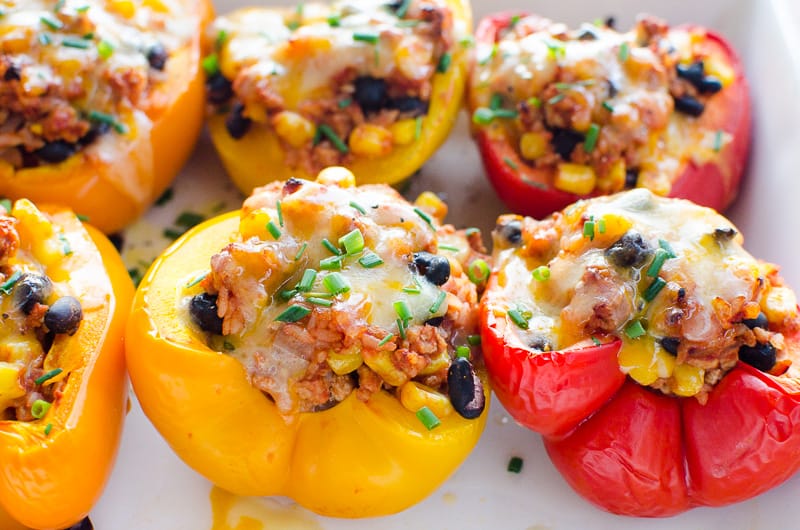 Mexican Stuffed Peppers in white baking dish