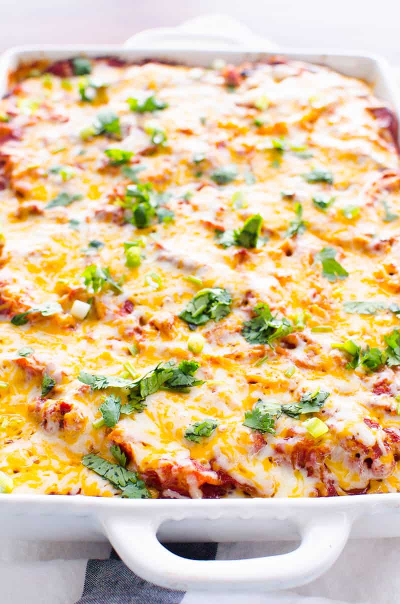 Healthy Mexican Casserole in white baking dish