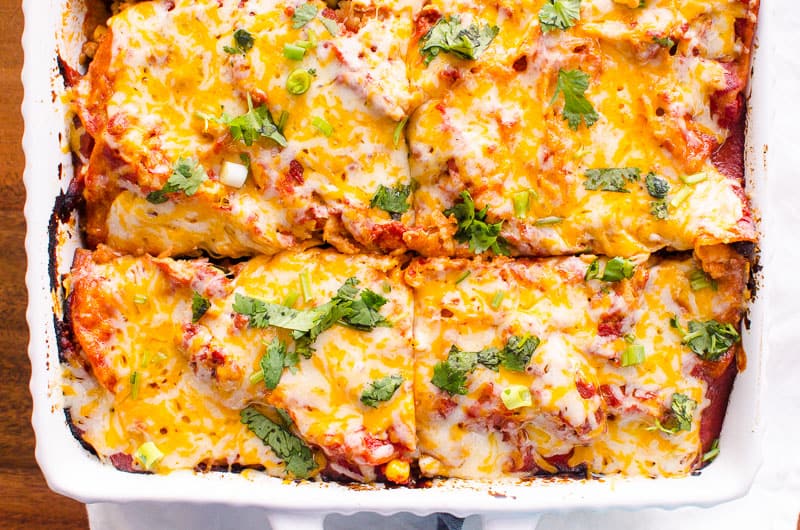 Healthy Mexican casserole sliced in baking dish.