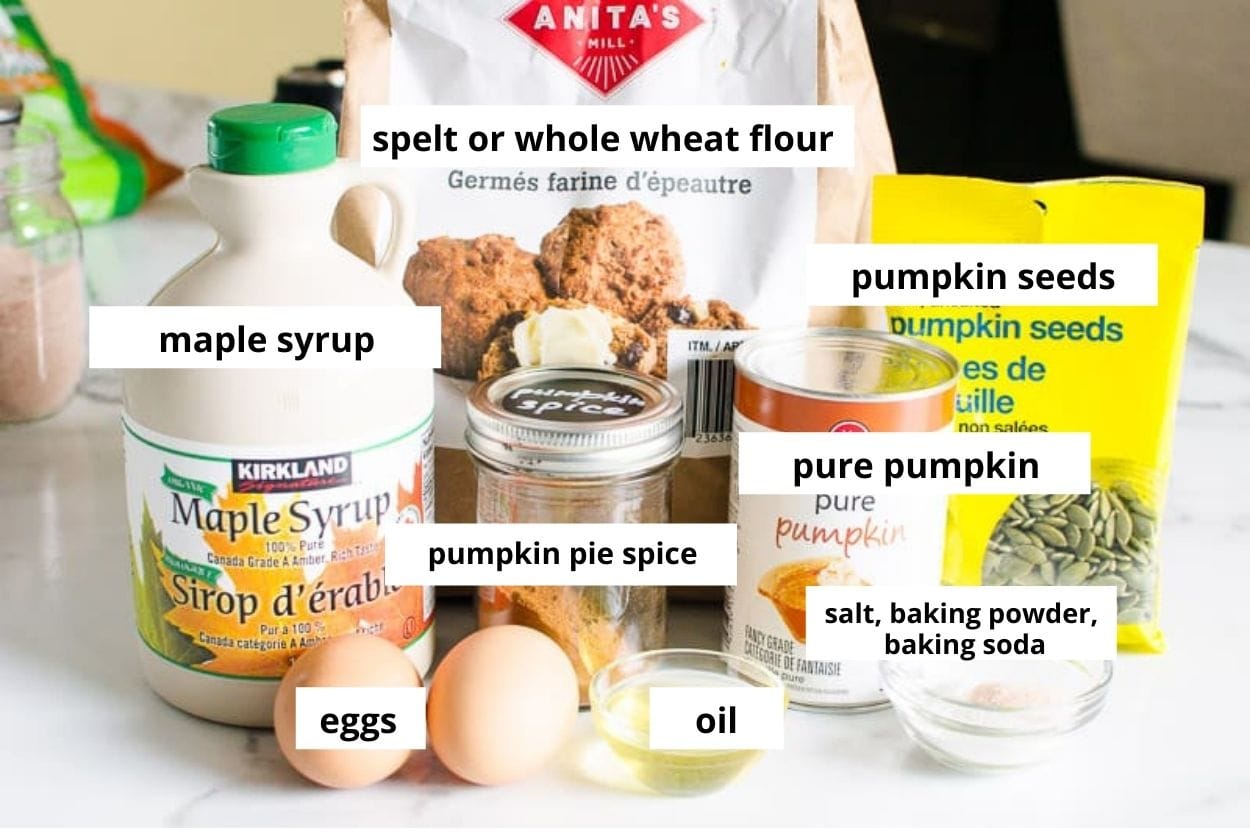 Spelt flour, pumpkin puree, pumpkin seeds, maple syrup, pumpkin pie spice, eggs, oil, baking powder, baking soda, salt.