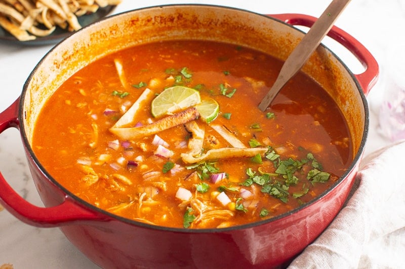 Chicken Tortilla Soup in red pot with ladle