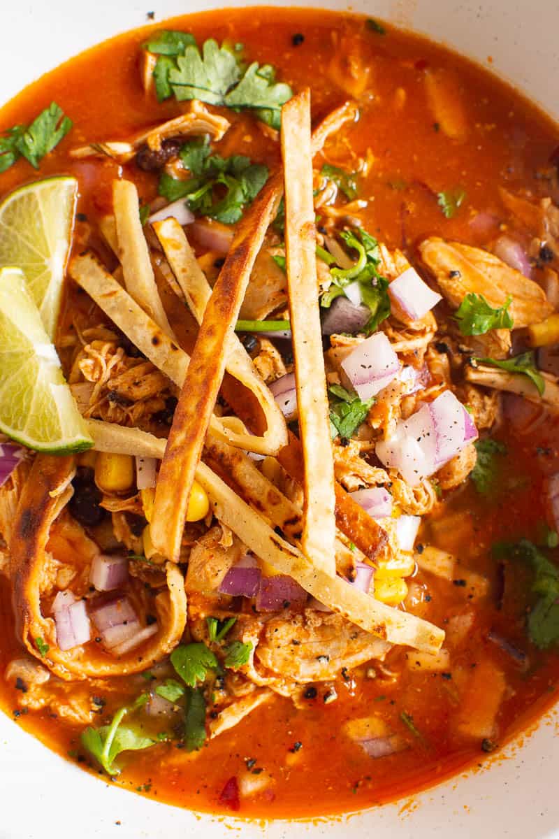 Chicken Tortilla Soup recipe garnished with strips, red onion and cilantro