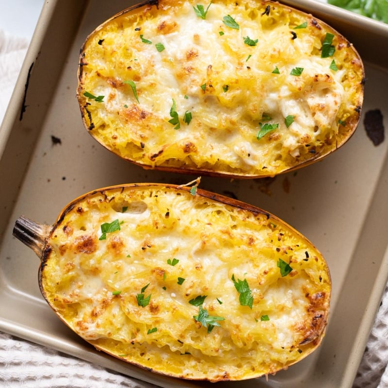 Chicken Alfredo Spaghetti Squash Boats - iFoodReal.com