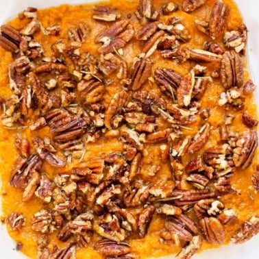 Instant Pot sweet potato casserole with pecan topping.